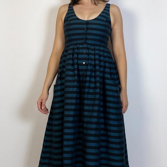 MARA HOFFMAN Designer Blue & Black Striped Scoop Neck Full Skirt Midi Dress! S - Picture 7 of 8